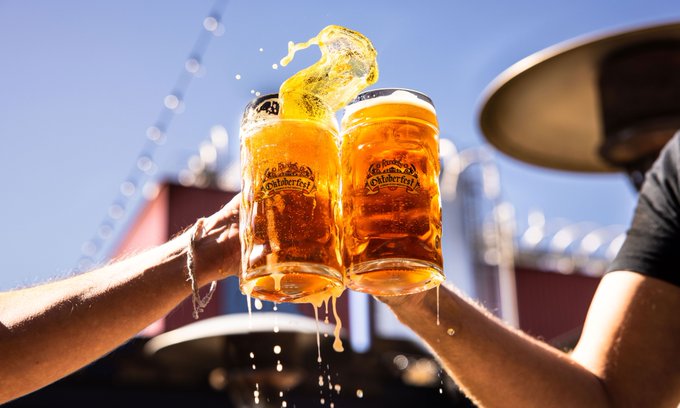 Two Founders Oktoberfest steins clinking together in the sun