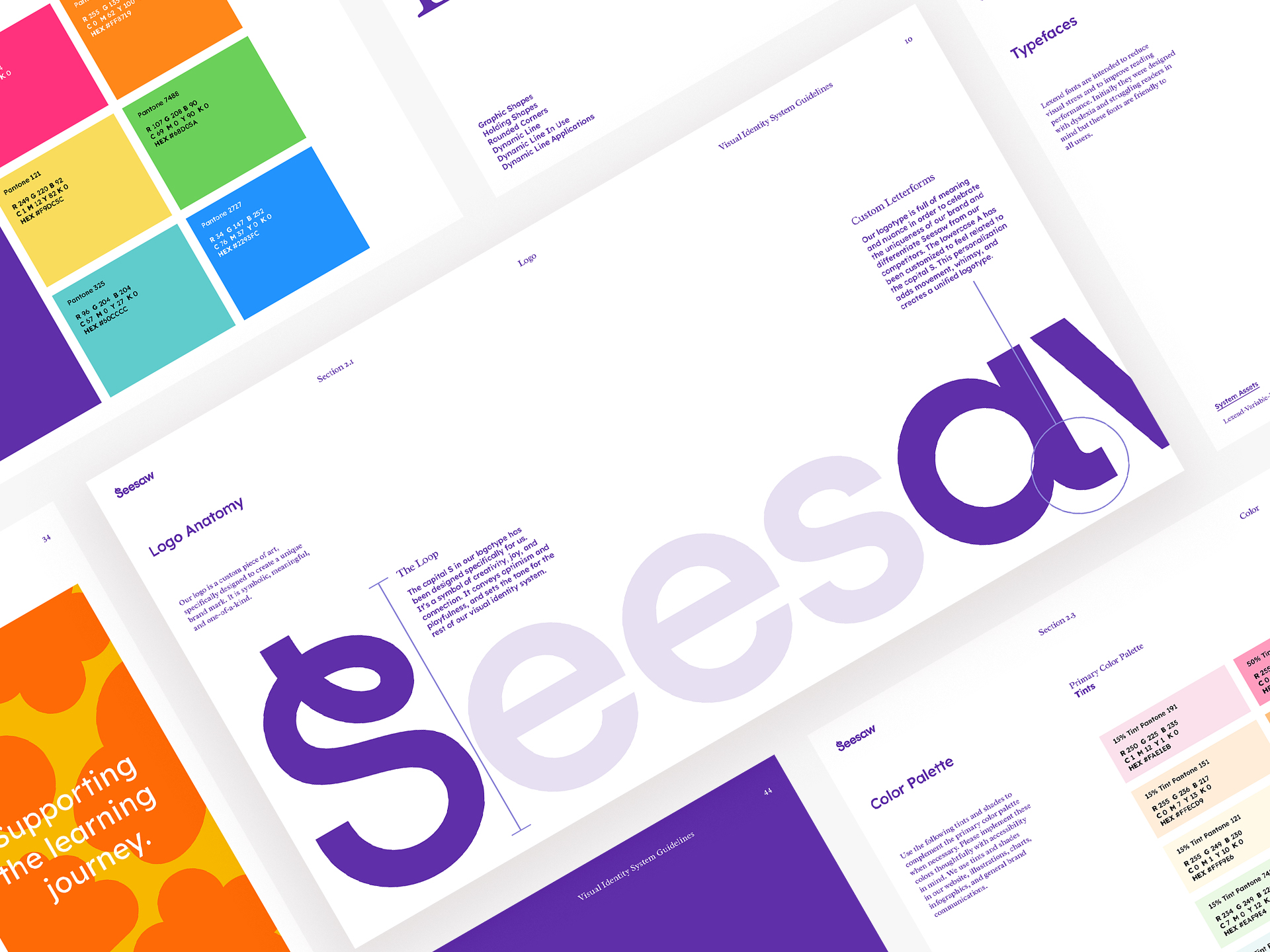 Seesaw visual identity system guidelines showing logo anatomy and color palette