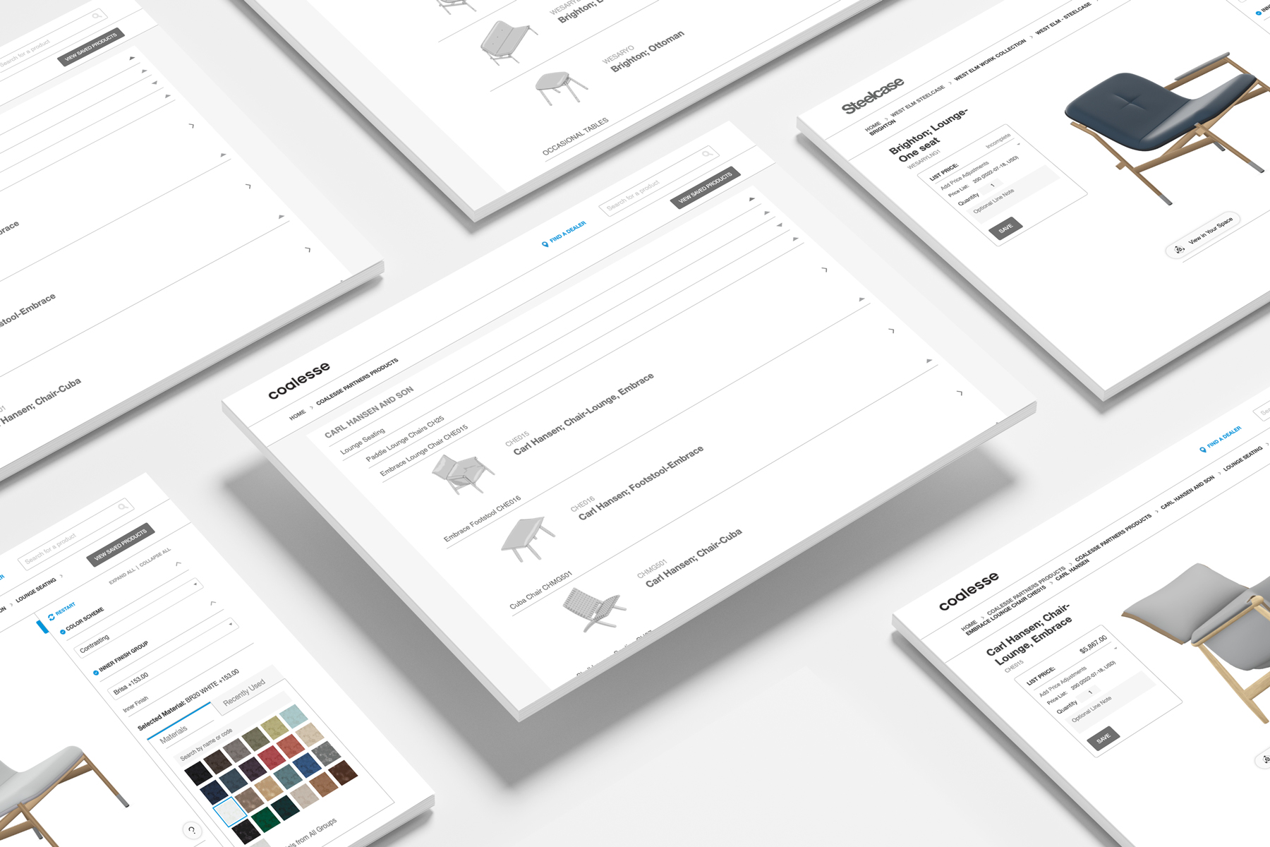 Steelcase and Coalesse pricing tool product listing, detail, and configuration screens