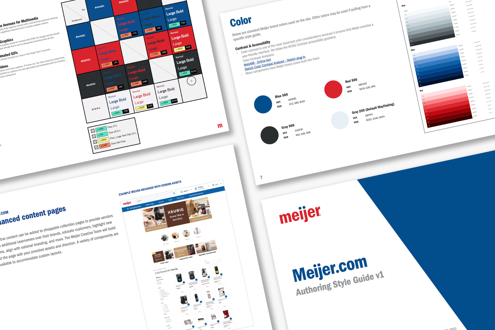 Meijer.com authoring style guide pages showing brand colors and content templates