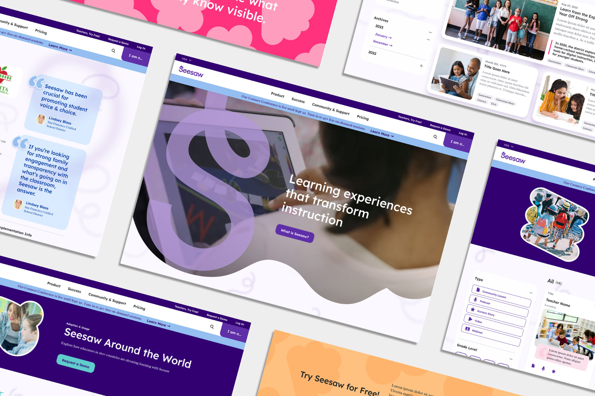 Seesaw marketing site page designs including homepage, blog, and resource library templates