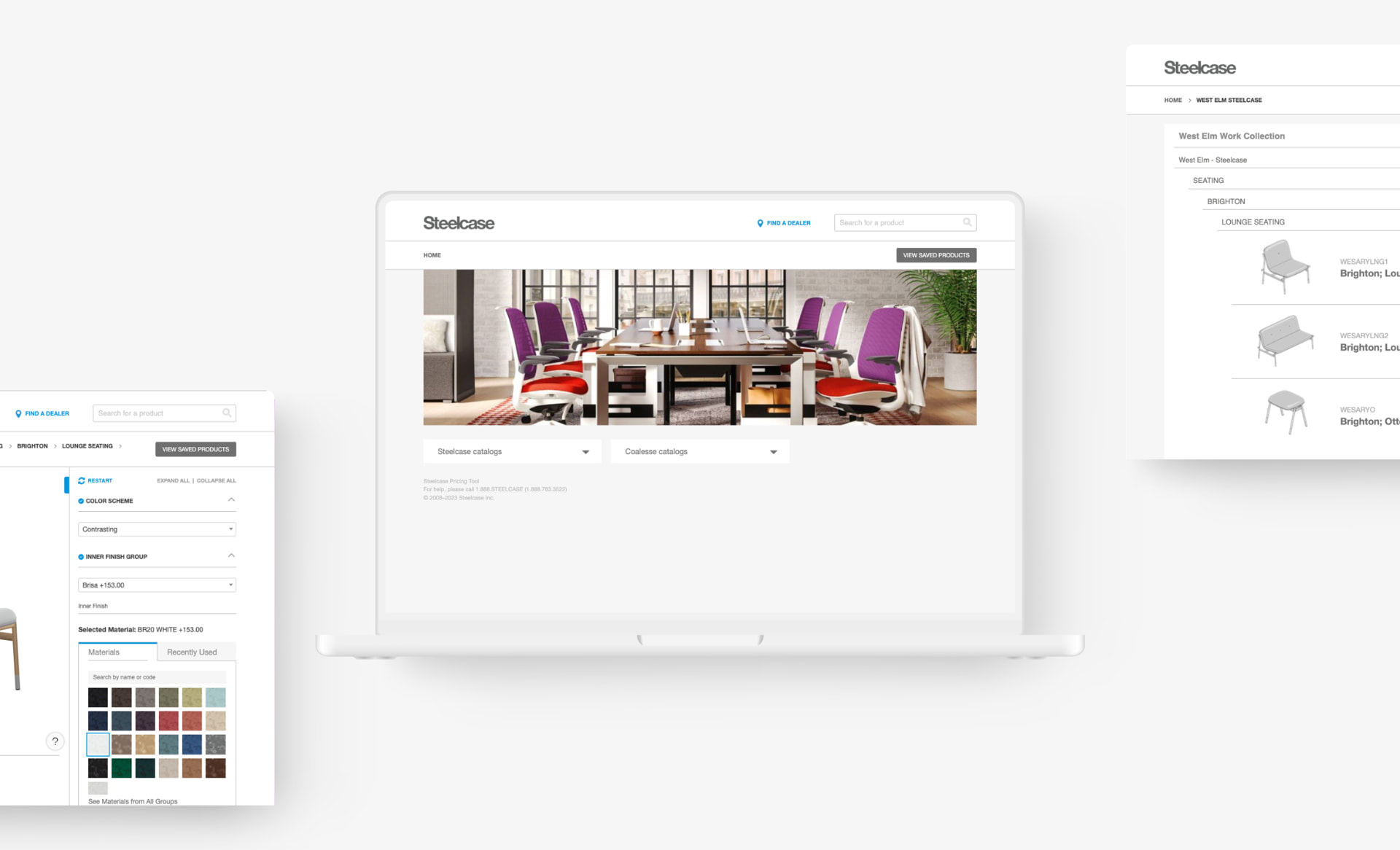 Steelcase pricing tool interface shown on a laptop with catalog and material selection screens